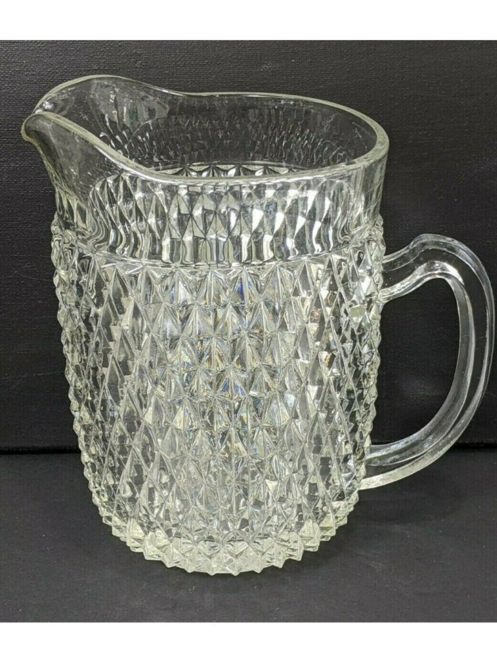 Vintage Clear Diamond-Cut Glass Pitcher With Handle & Spout  8" Tall 6" Diameter